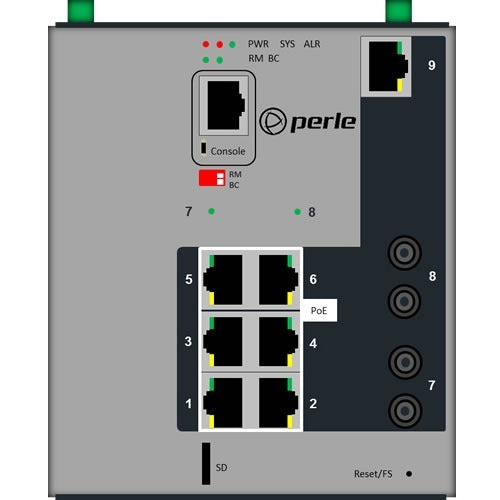 Perle IDS-509F2PP6-T2MD2 Industrial Managed PoE Switch | 9-Port Gigabit + Fiber