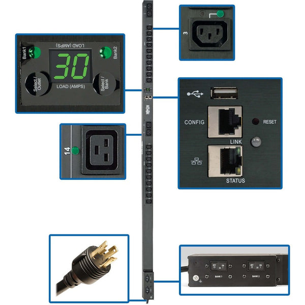 Eaton Tripp Lite Series 5.5kW Single-Phase Monitored Per-Outlet PDU - LX Platform, 24 Outlets (208/230V), L6-30P Input, 0U, TAA Eaton Corporation
