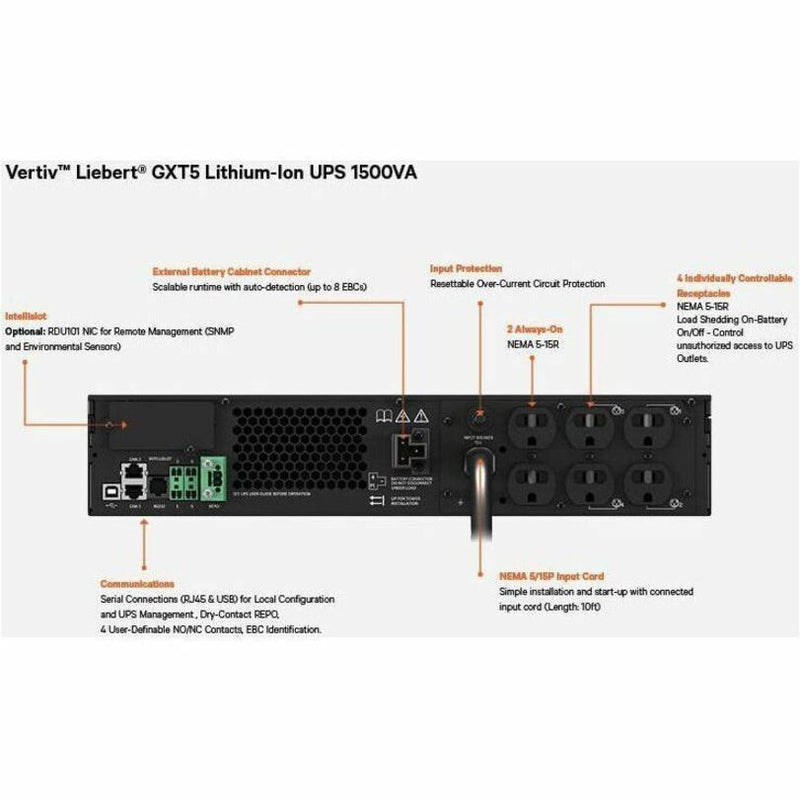 Vertiv Liebert GXT5 Lithium-Ion Online UPS 1500VA/1350W 120V Rack/Tower (GXT5LI-1500LVRT2UXL)