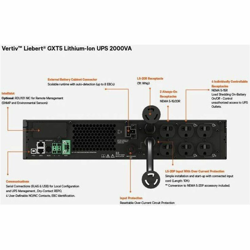 Vertiv Liebert GXT5 2000VA Lithium-Ion Online UPS 120V Rack/Tower (GXT5LI-2000LVRT2UXL)