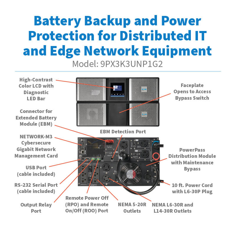 Eaton 9PX3K3UNP1G2 9PX G2 3000VA 3000W Online Double-Conversion UPS (208/120V, L6-30P, 6U Rack/Tower)