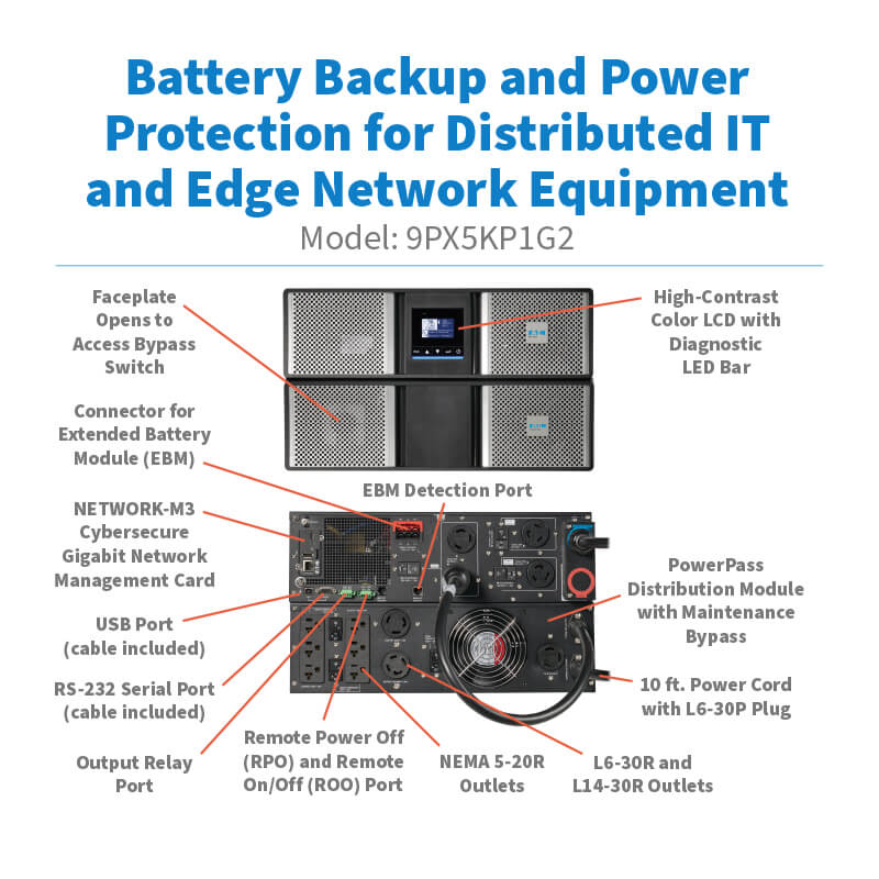 Eaton 9PX5KP1G2 9PX G2 5000VA/5000W Online Double-Conversion UPS with Network-M3 Card and PowerPass Distribution Module