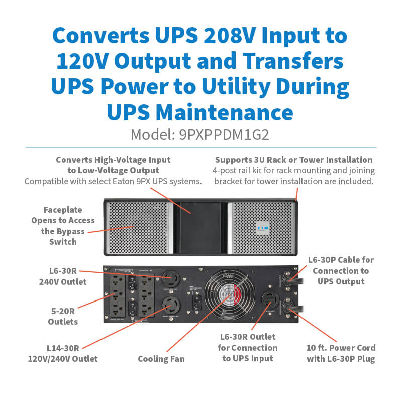 Eaton 9PXPPDM1G2 PowerPass Distribution Module – 3U Rack/Tower, 208V to 120V Conversion for 9PX G2 UPS