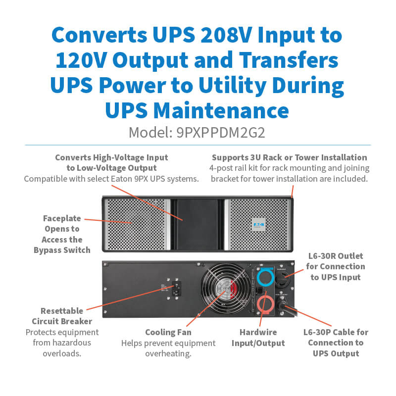 Eaton 9PXPPDM2G2 PowerPass Distribution Module – 208V to 120V, 6kVA, 3U Rack/Tower, Hardwired