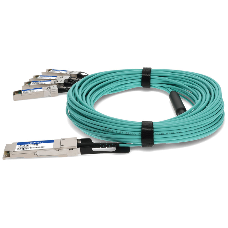 AddOn Cisco® QSFP-4X10G-AOC30M to Intel® XAOCBL-30M Compatible TAA 40GBase-AOC QSFP+ to 4xSFP+ Active Optical Cable (850nm, MMF, 30m)