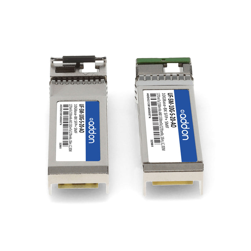 AddOn 10-Pair Ubiquiti® UF-SM-10G-S-20 Compatible TAA 10GBase-BX SFP+ Transceiver (SMF, 1270nmTx/1330nmRx & 1330nmTx/1270nmRx, 10km, LC, DOM)