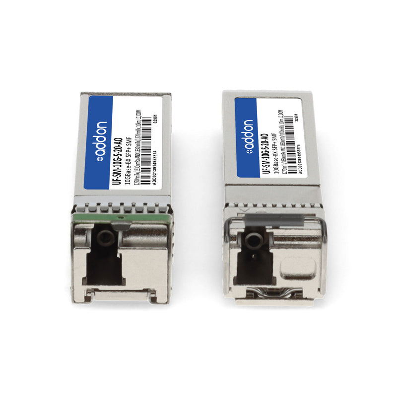AddOn 10-Pair Ubiquiti® UF-SM-10G-S-20 Compatible TAA 10GBase-BX SFP+ Transceiver (SMF, 1270nmTx/1330nmRx & 1330nmTx/1270nmRx, 10km, LC, DOM)