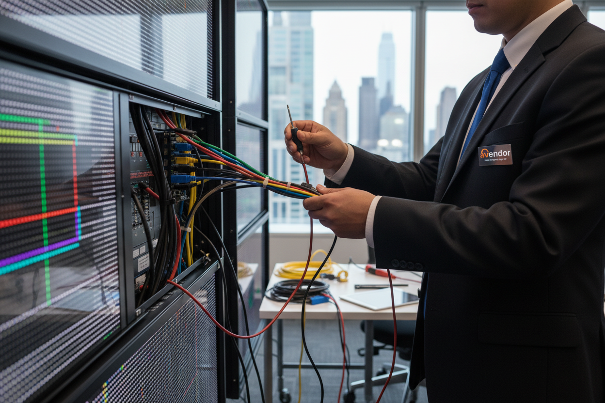 AV Technician Maintaining Video Wall Systems