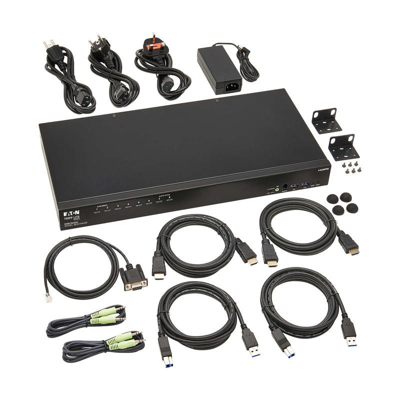 Eaton B024-H4U08 8-Port 4K HDMI/USB KVM Switch with USB 3.2 Hub, 1U Rackmount, TAA-Compliant
