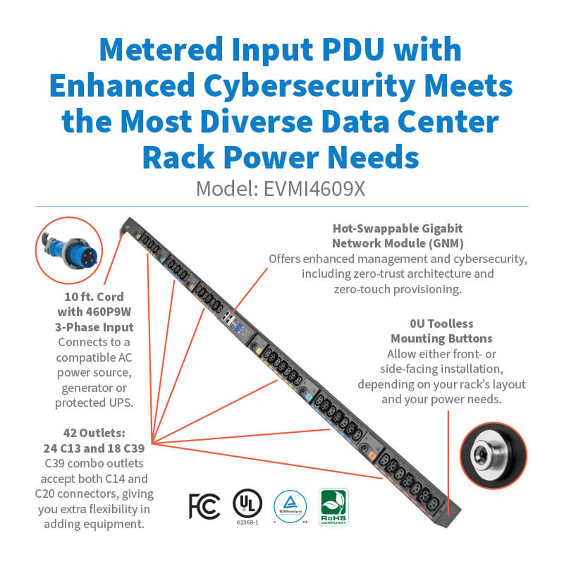 Eaton EVMI4609X 3-Phase Metered Input Rack PDU G4, 208V, 42 Outlets, 48A, 17.3kW, 460P9W Input, 10 ft Cord, 0U Vertical