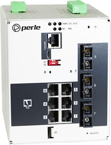 Perle IDS-509G3PP6-C2MD05-SD160 Industrial Managed 9-Port PoE Switch – (6) RJ45 PoE/PoE+, (2) 1000BSX MM SC, (1) 1000BZX SM SC 160 km – PRO SW