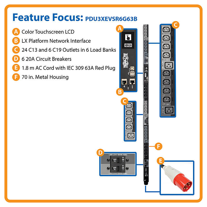Eaton Tripp Lite PDU3XEVSR6G63B 28.8kW 3-Phase Switched PDU with LX Interface, 30 Outlets, IEC 309 63A, 0U Vertical Mount