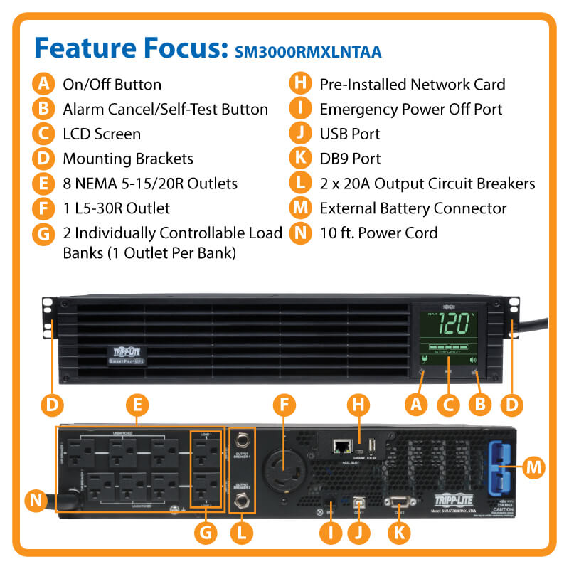 Eaton Tripp Lite SmartPro 3kVA 2.88kW TAA Line-Interactive Sine Wave UPS, 2U Rack/Tower, Extended Run, WEBCARDLX