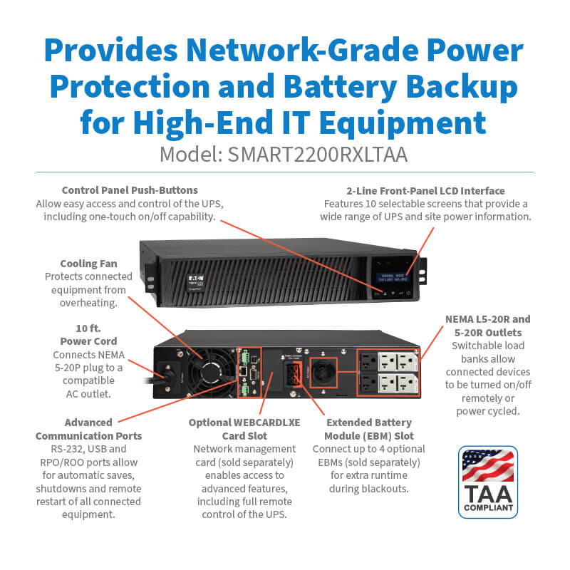 Eaton Tripp Lite SmartPro 1950VA 1950W 120V Line-Interactive Sine Wave UPS - 7 Outlets, Extended Run, LCD, USB, DB9, Rack/Tower, TAA-Compliant
