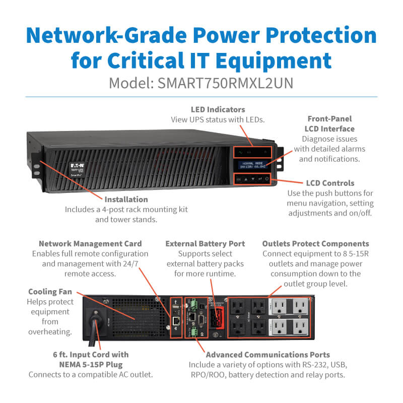 Eaton Tripp Lite SMART750RMXL2UN SmartPro 750VA 120V Line-Interactive UPS with LCD and Network Card