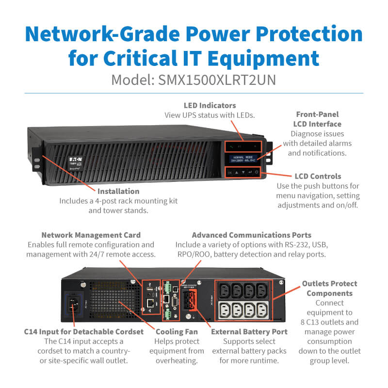 Eaton Tripp Lite SmartPro SMX1500XLRT2UN 1500VA 1500W 208V Line-Interactive Sine Wave UPS with Extended Runtime and Network Card