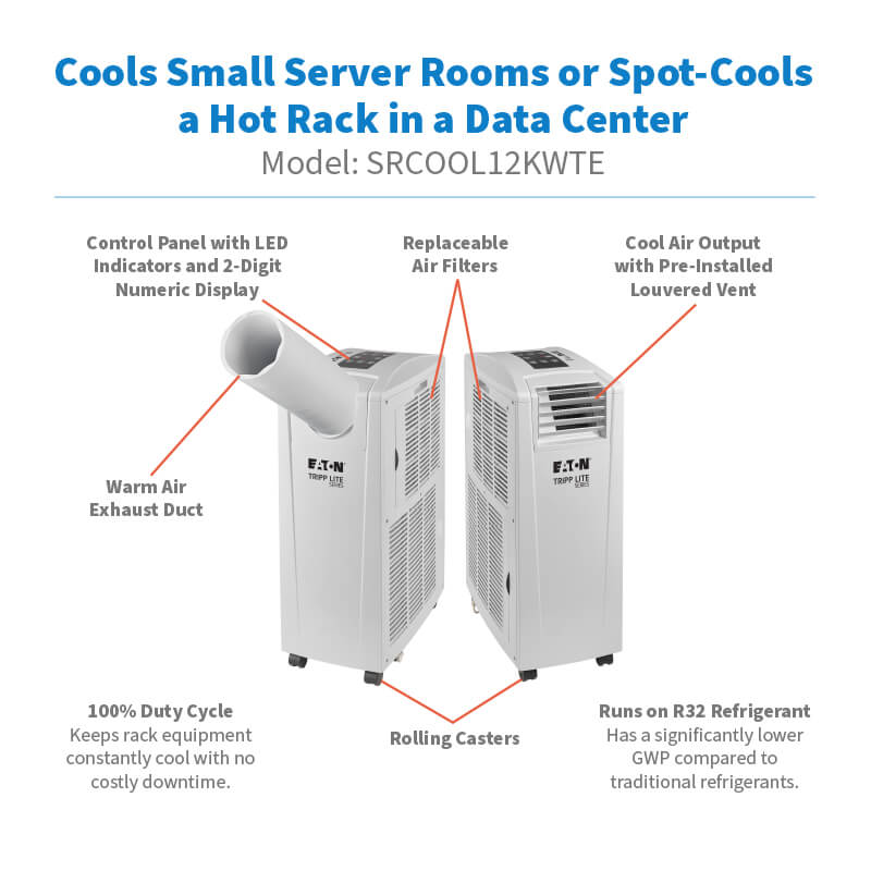 Eaton Tripp Lite SRCOOL12KWTE Portable Air Conditioner with Ionizer – 13,000 BTU (3.8 kW), 120V, R32 Refrigerant