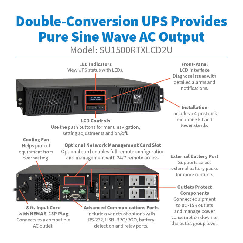 Eaton Tripp Lite SmartOnline 1500VA 1350W 120V 2U Double-Conversion UPS with LCD, Extended Run, USB/DB9, 8 Outlets