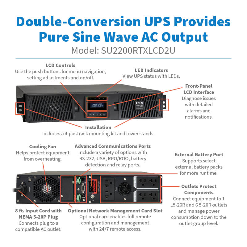 Eaton Tripp Lite SmartOnline 2000VA 1800W 120V 2U Rack/Tower UPS with LCD, USB, Extended Runtime Option