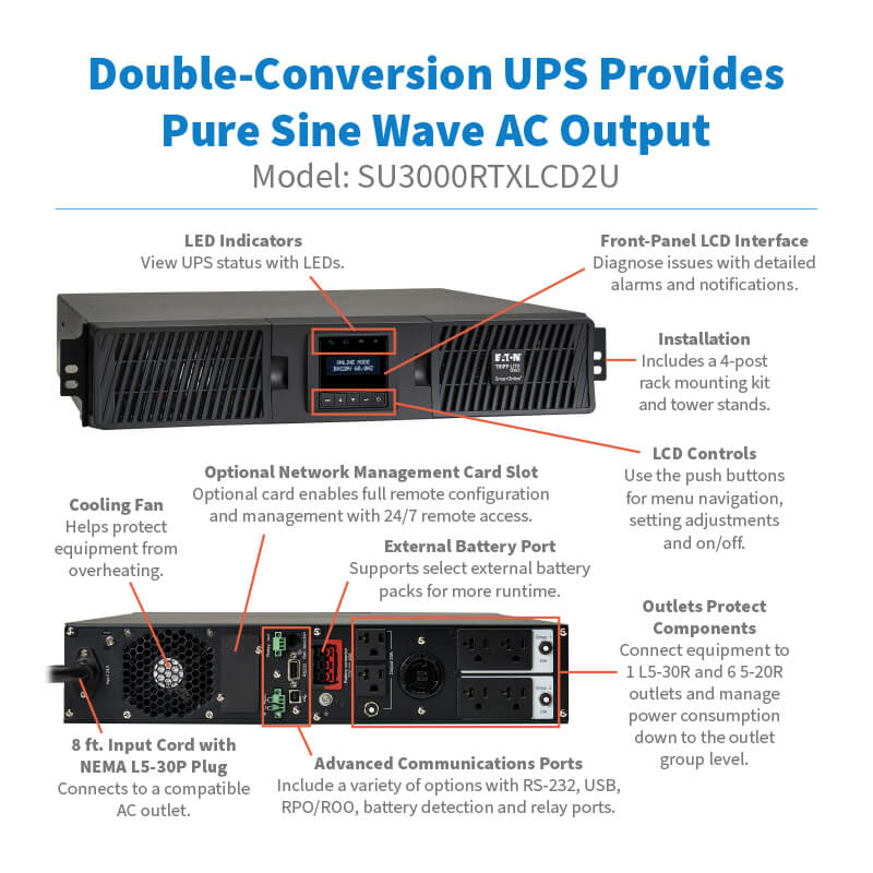 Eaton Tripp Lite SmartOnline SU3000RTXLCD2U 3000VA 2700W 120V Double-Conversion UPS with LCD, 7 Outlets, Extended Run, 2U Rack/Tower