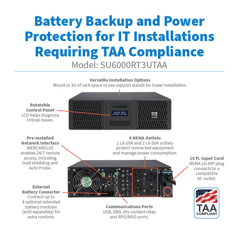 Eaton Tripp Lite SU6000RT3UTAA SmartOnline 6000VA 5400W 208V Double-Conversion UPS with Network Card, Extended Run, 3U Rack/Tower, TAA Compliant