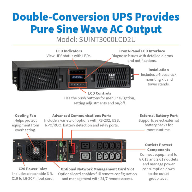 Eaton Tripp Lite SUINT3000LCD2U SmartOnline 3000VA 2700W 208/230V Double-Conversion UPS, 2U Rack/Tower, LCD Display, Extended Runtime, USB & DB9 Ports